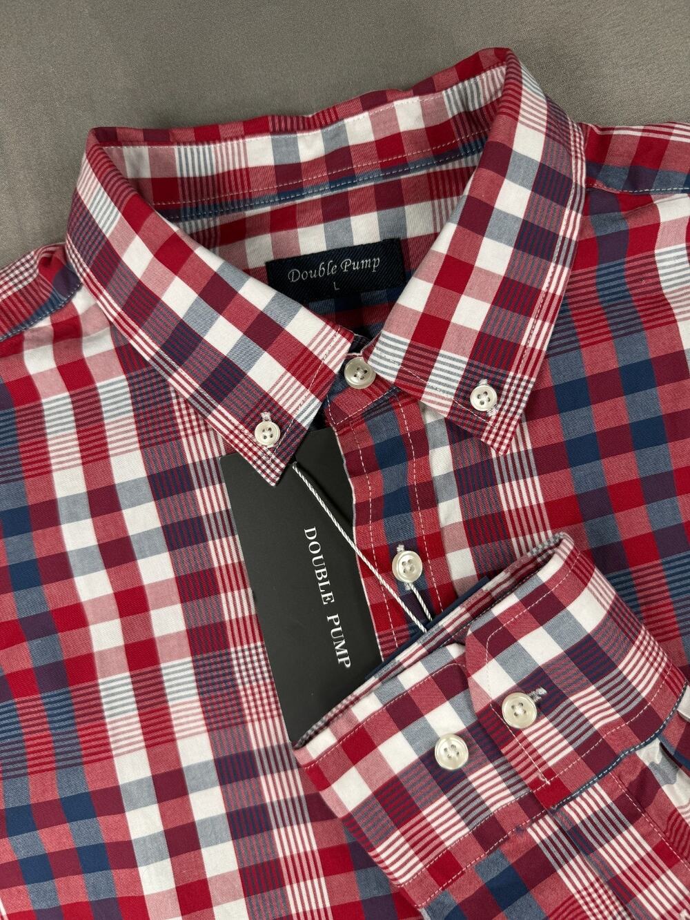 Double Pump Men's L Button-Up Long Sleeve Red/Blue Plaid Collared Shirt NWT